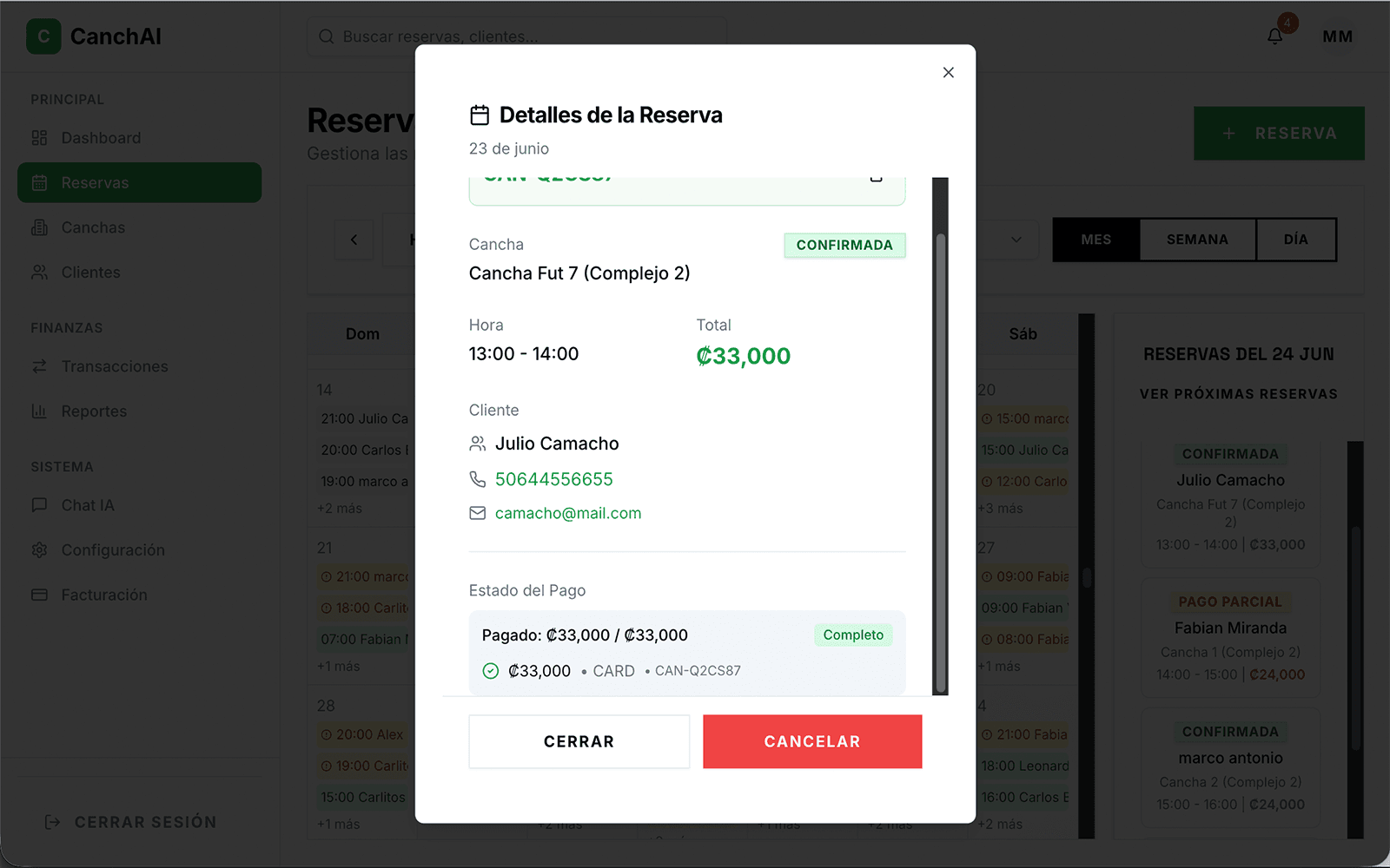 Dashboard con notificación de pago SINPE detectado